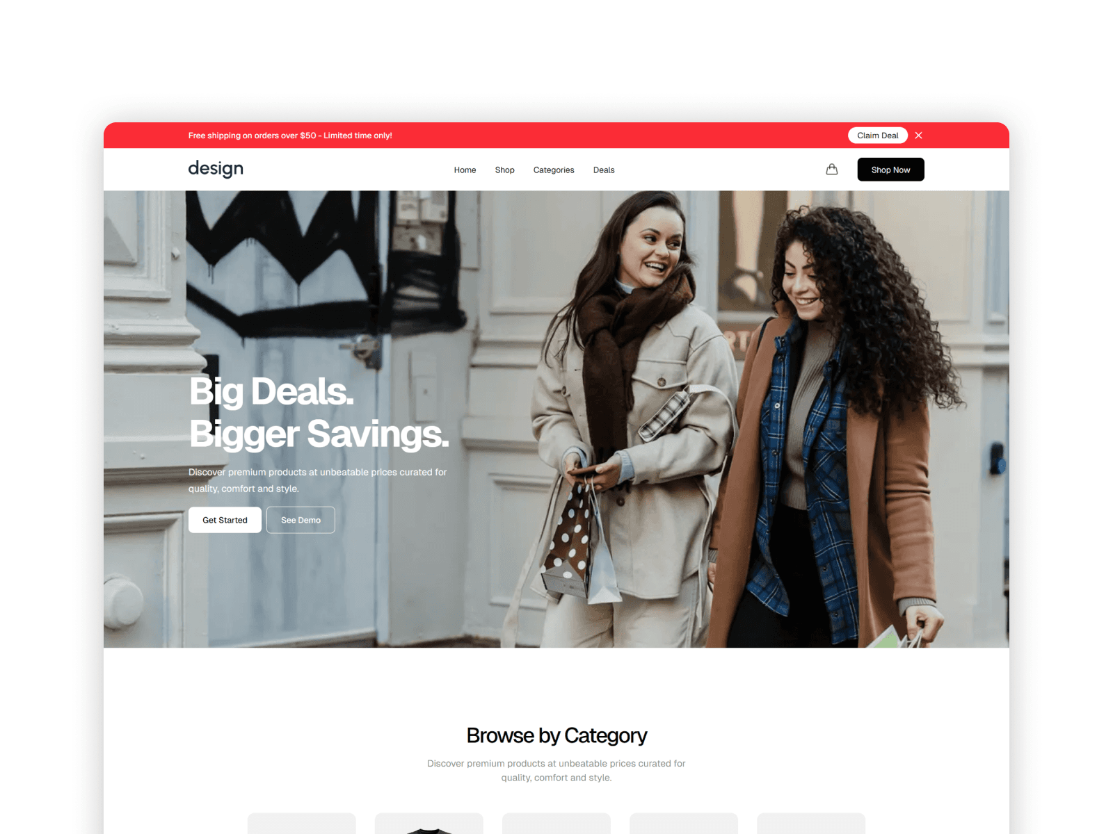 Minimal ecommerce hero section with featured product and primary shop button