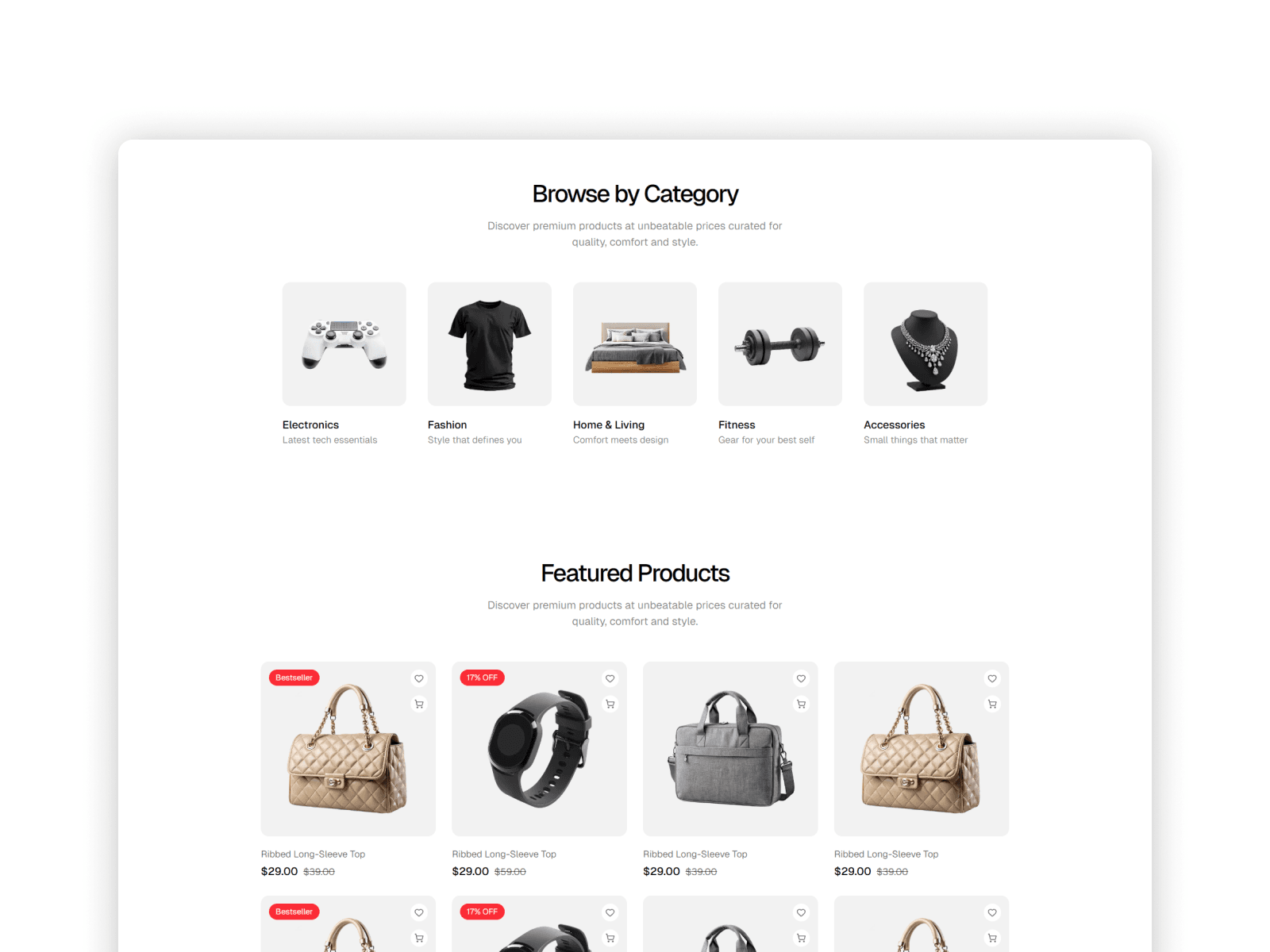 Browse by category section with clean grid cards and soft hover animation