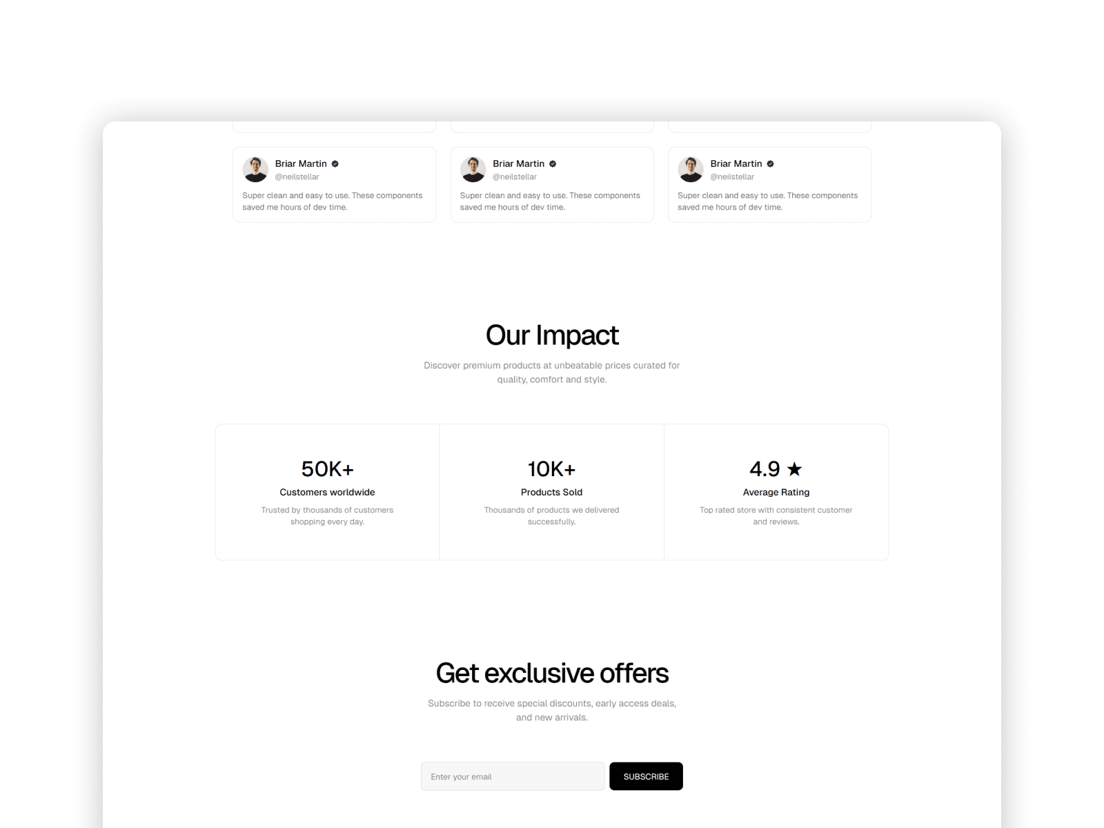 Customer testimonial cards with ratings and minimal layout