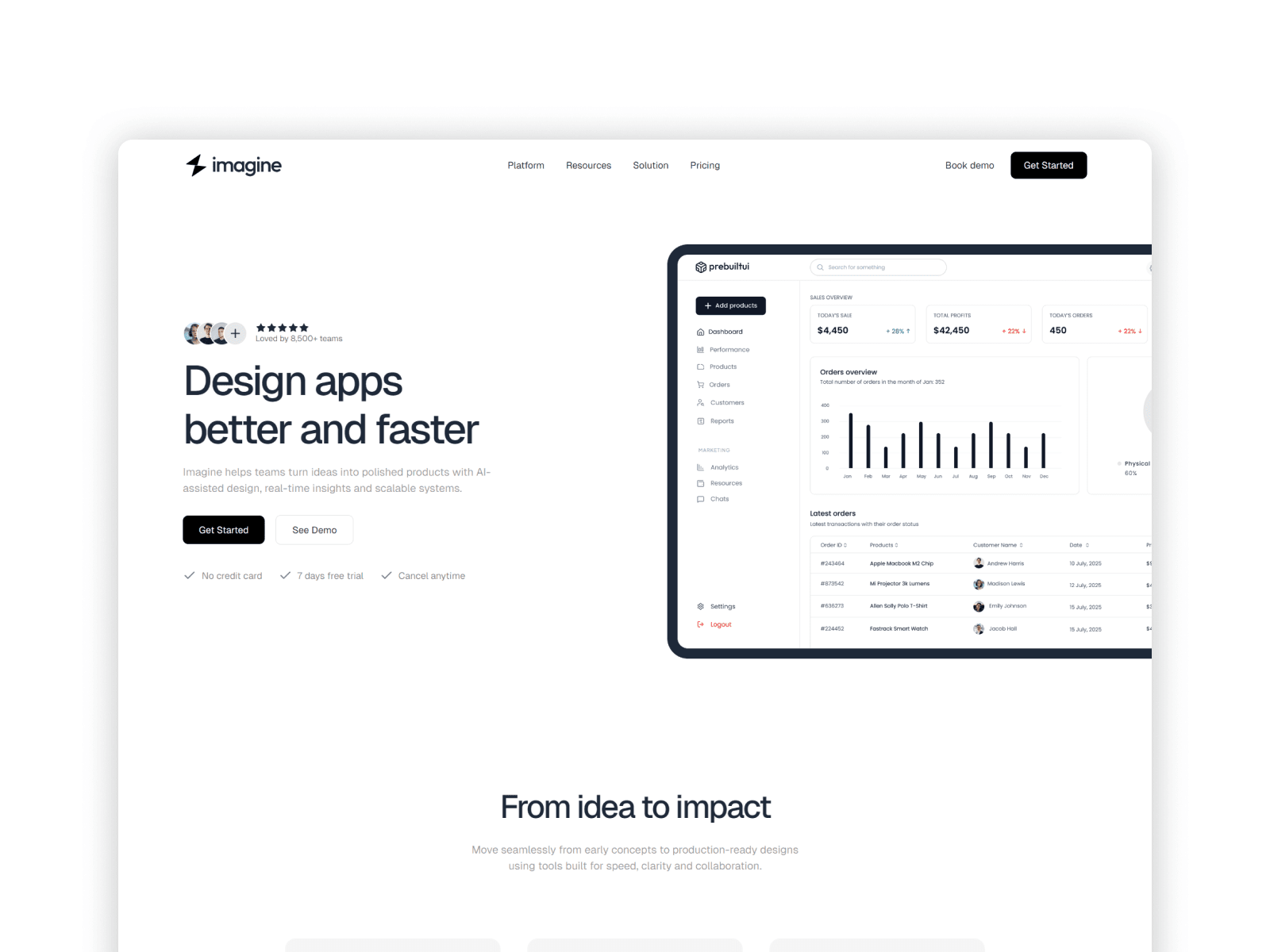 SaaS product hero section with interface mockup, rating stars and primary signup buttons