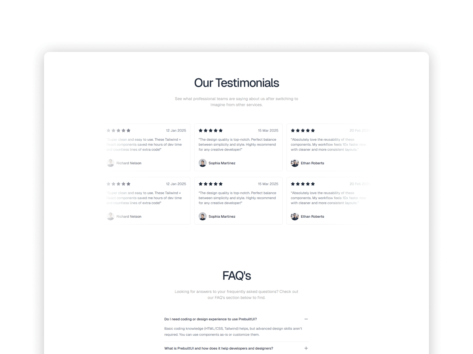 Customer testimonial cards with ratings and user feedback quotes